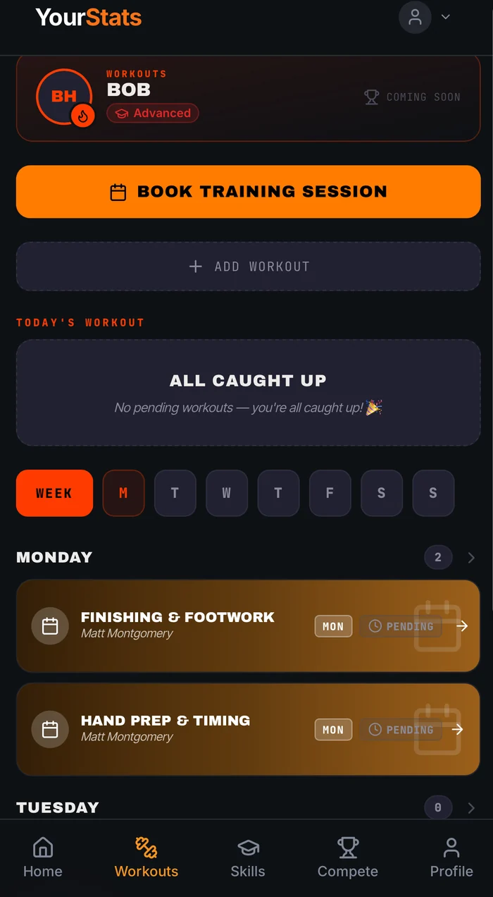 The YourStats workouts screen, showing sessions assigned to a player by their trainer